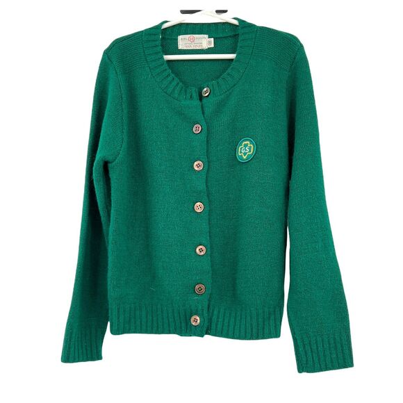 Vintage 60s Girl Scouts Uniform Emerald Green Button Up Cardigan Sz 10 - Picture 1 of 5